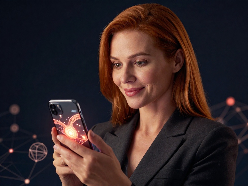 Элегантная женщина с телефоном и абстрактной визуализацией сети Tron — комиссия TRX перевод и энергия