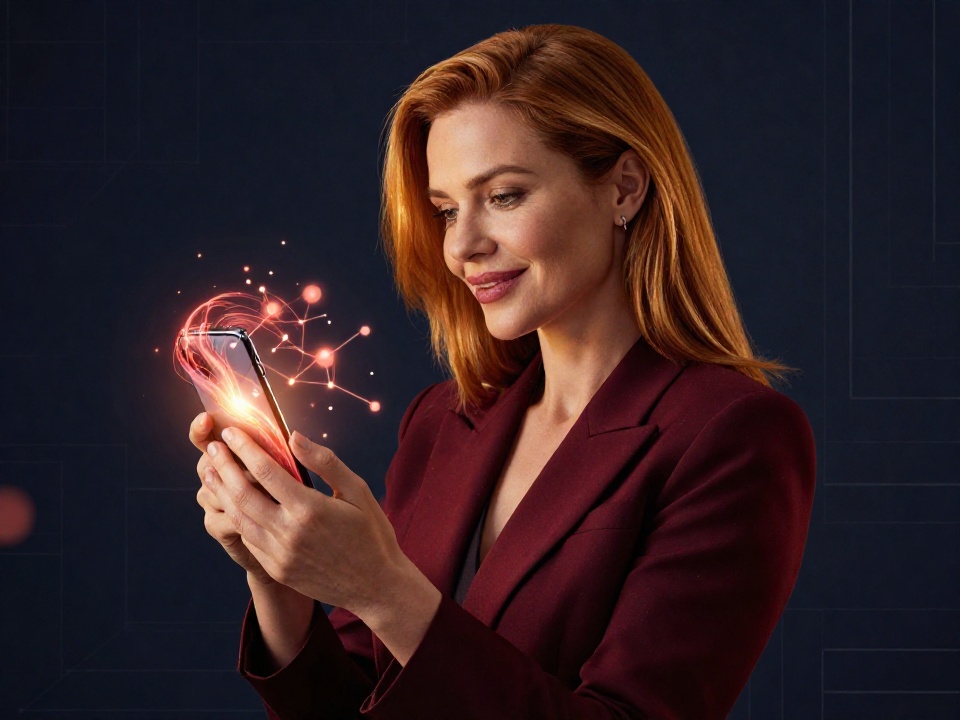 Уверенная женщина с смартфоном на фоне абстрактной блокчейн-сети, символизирующая успешную оптимизацию комиссии TRX и экономию на переводах USDT TRC20 в сети Tron