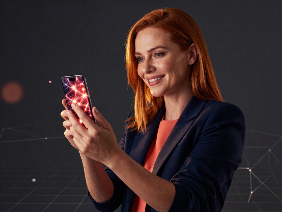 Уверенная женщина изучает оптимизацию комиссии TRX в сети Tron на смартфоне с визуализацией энергии и блокчейн-узлов