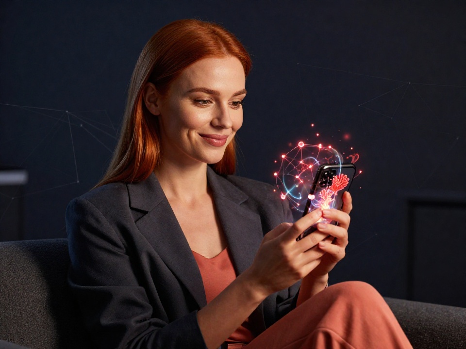 Уверенная женщина с телефоном показывает выгоду от снижения комиссии TRX в сети Tron